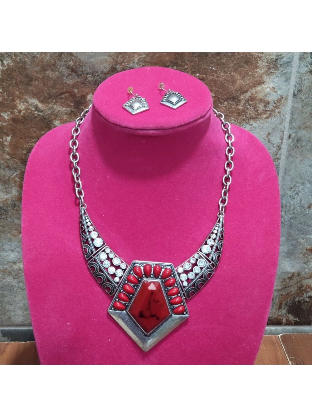 Bohemian Style Statement Set Large Red Stone Bib Necklace Geometric Silver Toned